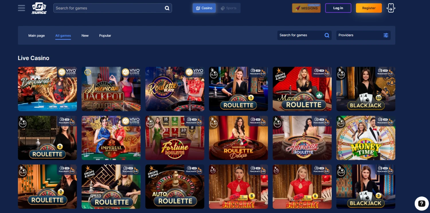 surge live casino page